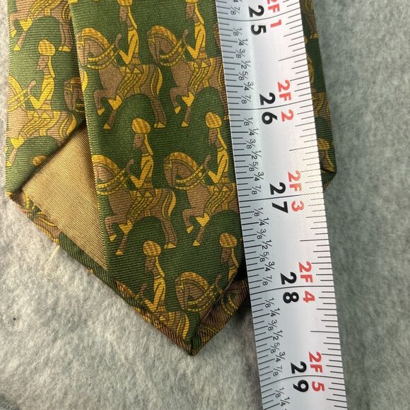Vintage Vitaliano Pancaldi Tie Green Gold Yellow Men On Horseback Geometric - Picture 3 of 7
